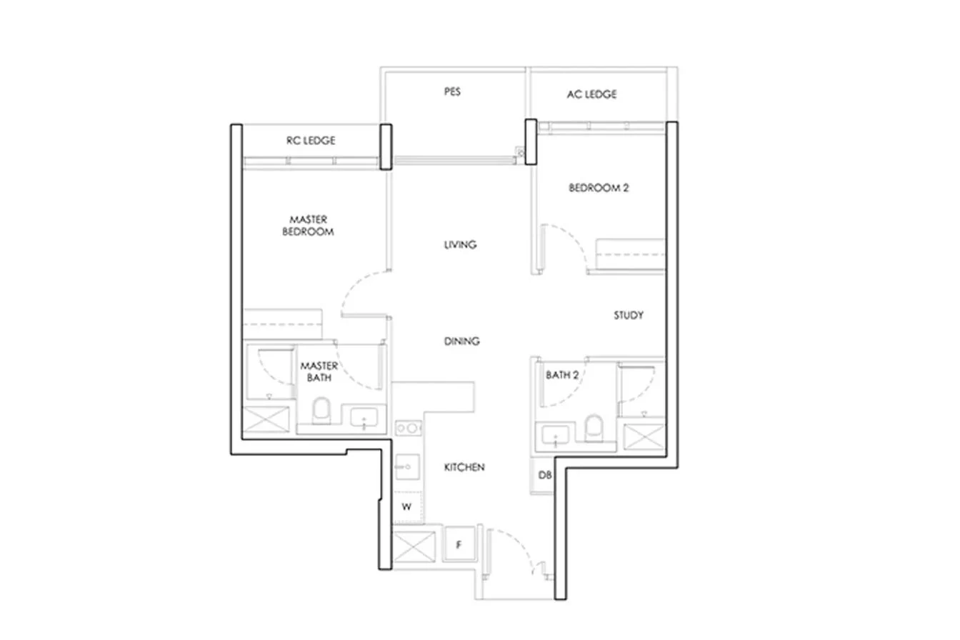 Indicative 2-bedroom layout template shown for Upper Thomson Residences — a generic reference plate, not the actual Upper Thomson Road Parcel A floor plan, which has not been released