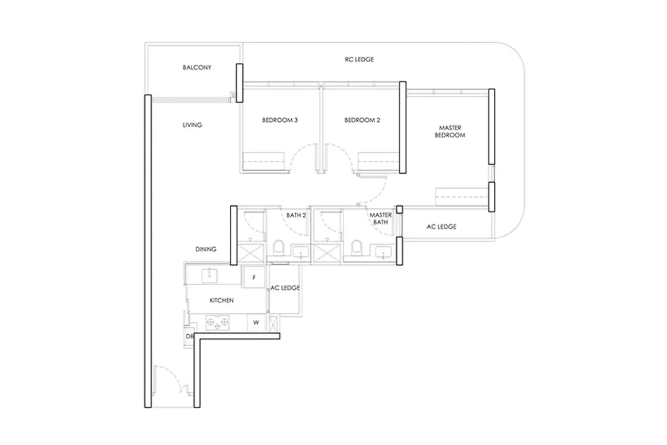 Indicative 3-bedroom layout template shown for Upper Thomson Residences — a generic reference plate, not the actual Upper Thomson Road Parcel A floor plan, which has not been released