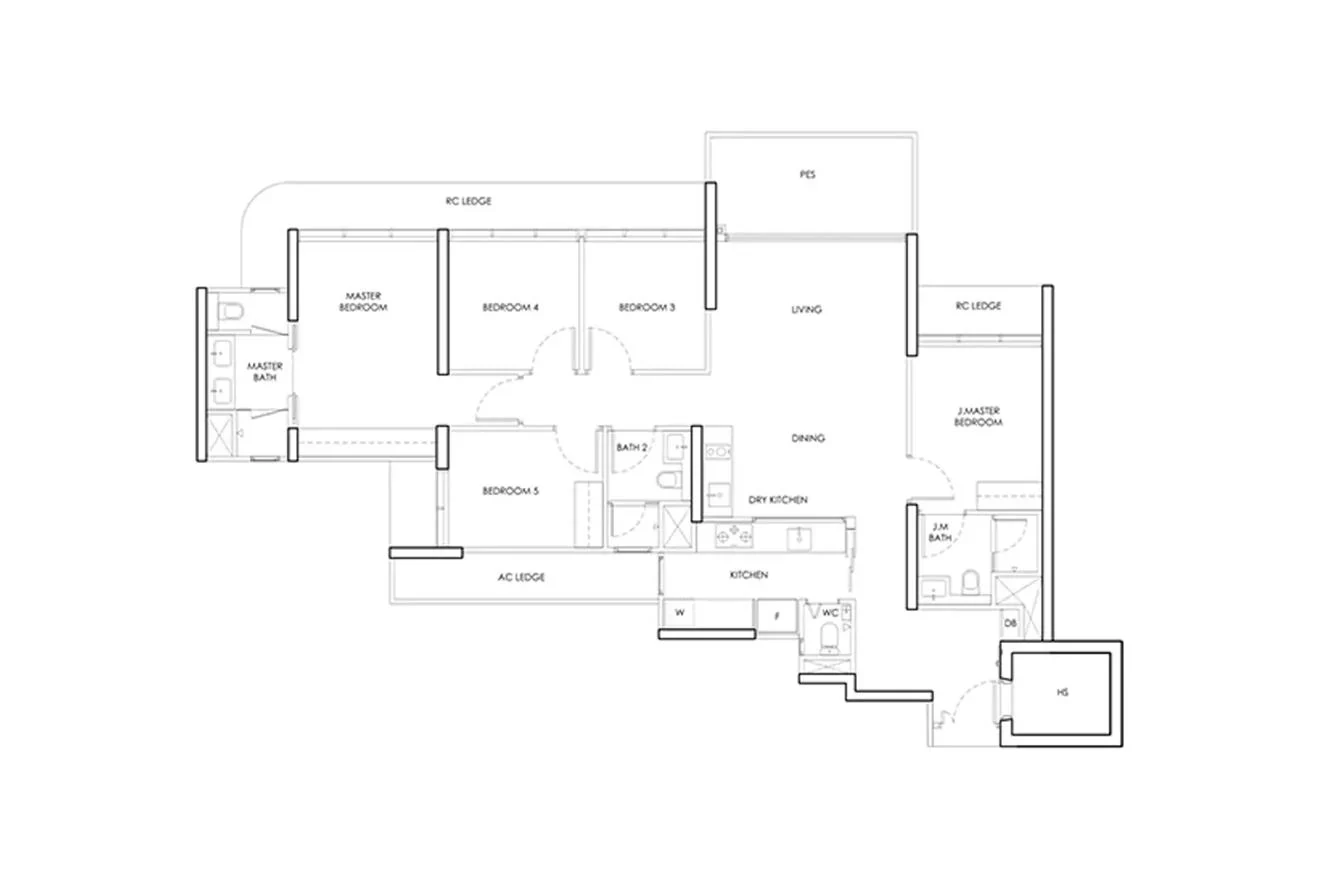 Indicative 5-bedroom layout template shown for Upper Thomson Residences — a generic reference plate, not the actual Upper Thomson Road Parcel A floor plan, which has not been released
