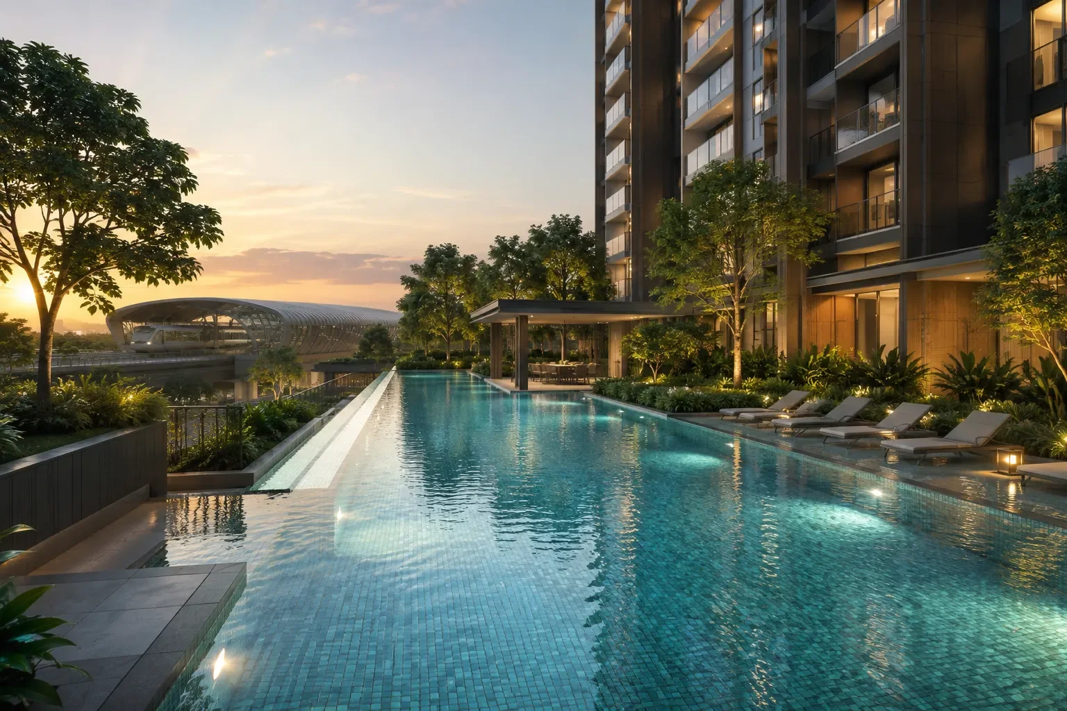 Upper Thomson Residences — artist's impression of the resort-style lap pool deck looking across to Springleaf MRT station, Springleaf precinct Singapore