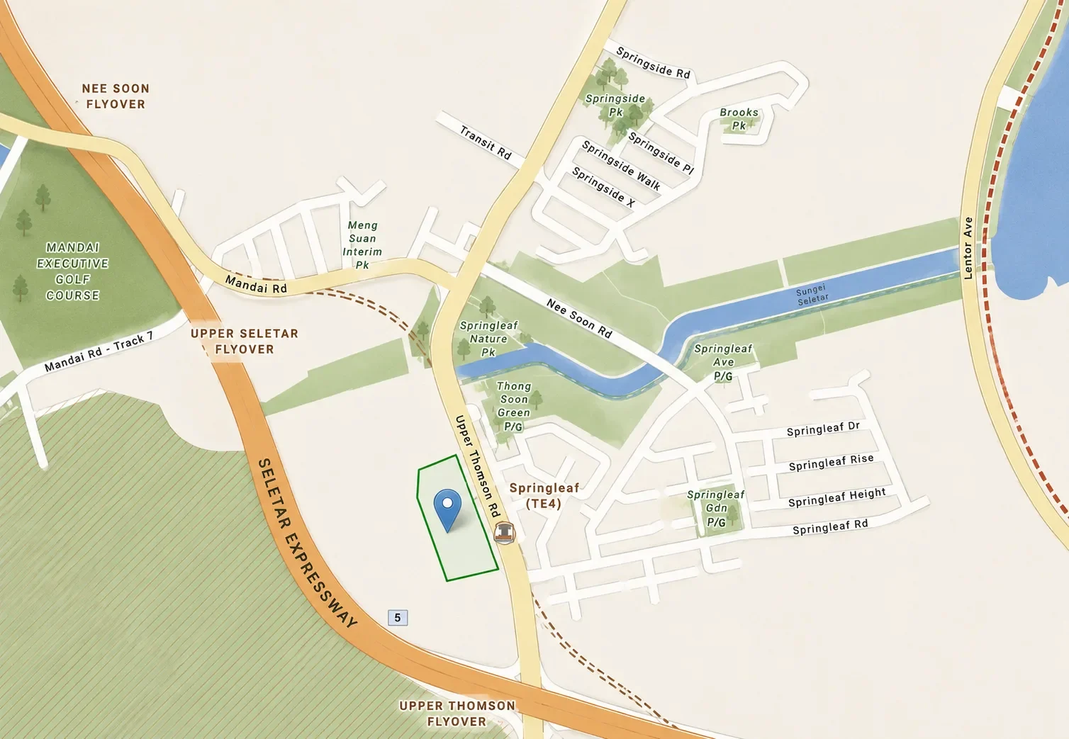Location map of Upper Thomson Road (Parcel A) in District 26 — the site sits on the west side of Upper Thomson Road immediately beside Springleaf MRT (TE4), bounded by the Seletar Expressway to the south-west, with Springleaf Nature Park, Thong Soon Green, Nee Soon Road and Sungei Seletar to the north-east, the Springleaf Drive, Springleaf Rise and Springleaf Road landed estates to the east, Mandai Road and Mandai Executive Golf Course to the north-west, and Lentor Avenue to the east
