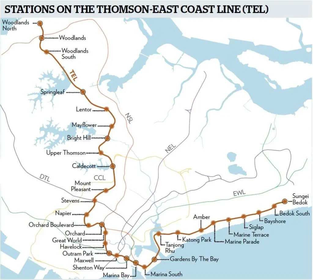 Map of every station on the Thomson-East Coast Line from Woodlands North to Sungei Bedok, showing Springleaf between Woodlands South and Lentor